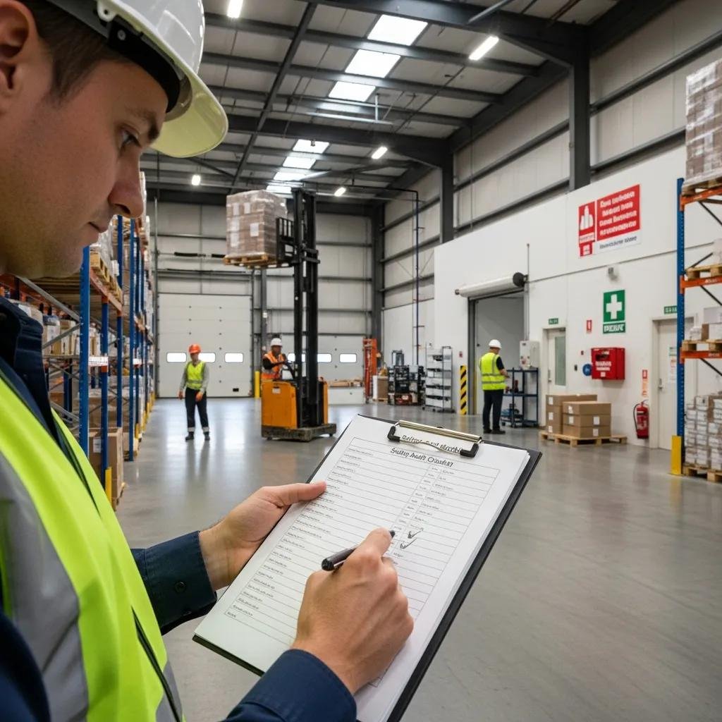 Safety officer reviewing a checklist during a warehouse safety audit