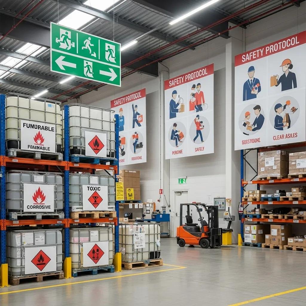Safety signage in a warehouse highlighting OSHA and ANSI compliance