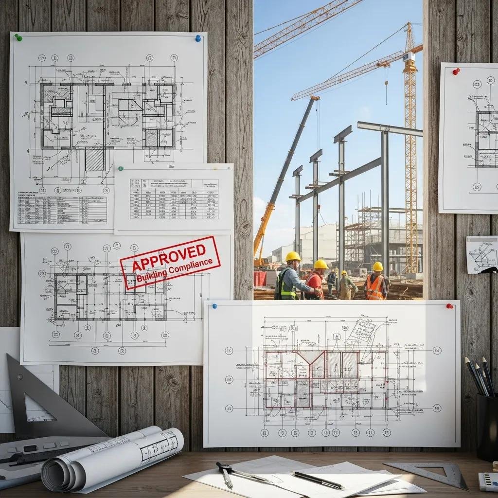 Structural drawings displayed with a construction site in the background