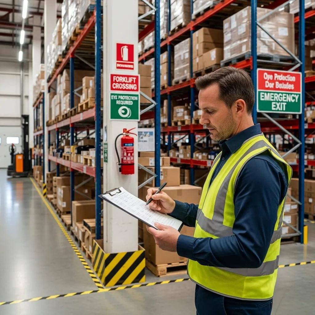 Supervisor using a safety checklist in a warehouse for compliance