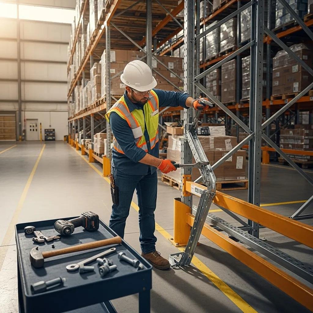 Technician performing maintenance on a pallet racking system in a warehouse