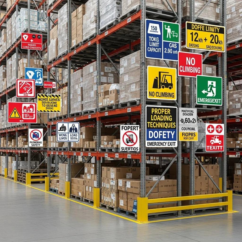 Variety of pallet rack safety labels displayed in a warehouse setting