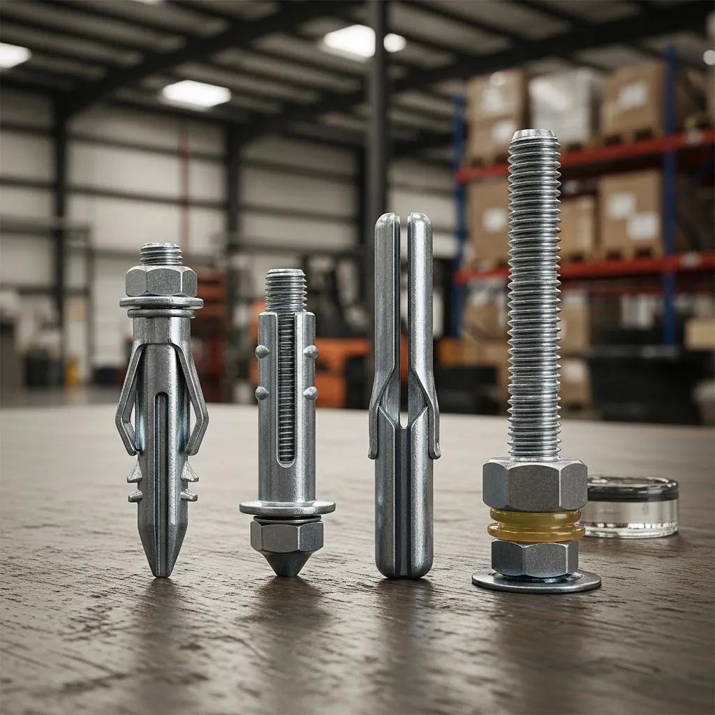 Various types of anchor bolts displayed on a workbench highlighting their characteristics for rack stability