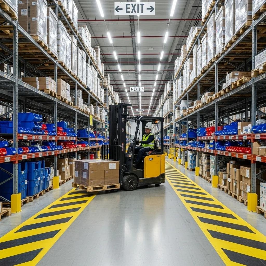 Warehouse aisle with clear width markings and a forklift for safe operations