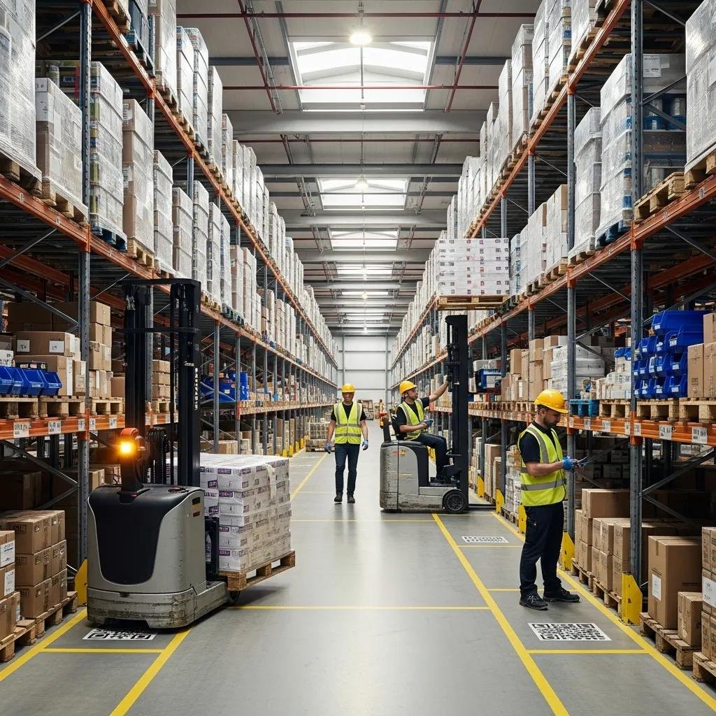 Warehouse aisle with forklifts and personnel, emphasizing operational efficiency and safety compliance