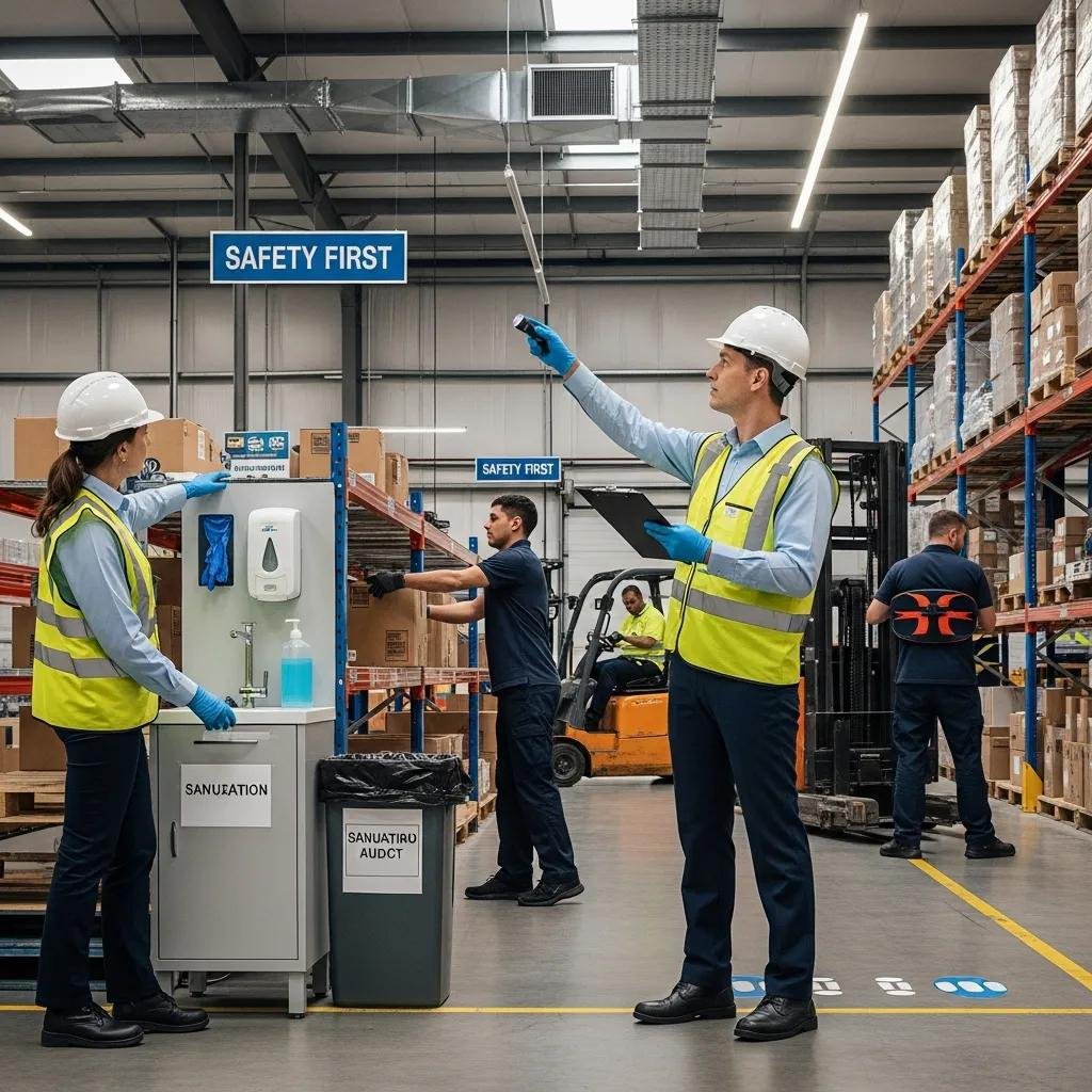 Warehouse compliance audit focusing on health regulations with safety officer inspecting ventilation and sanitation