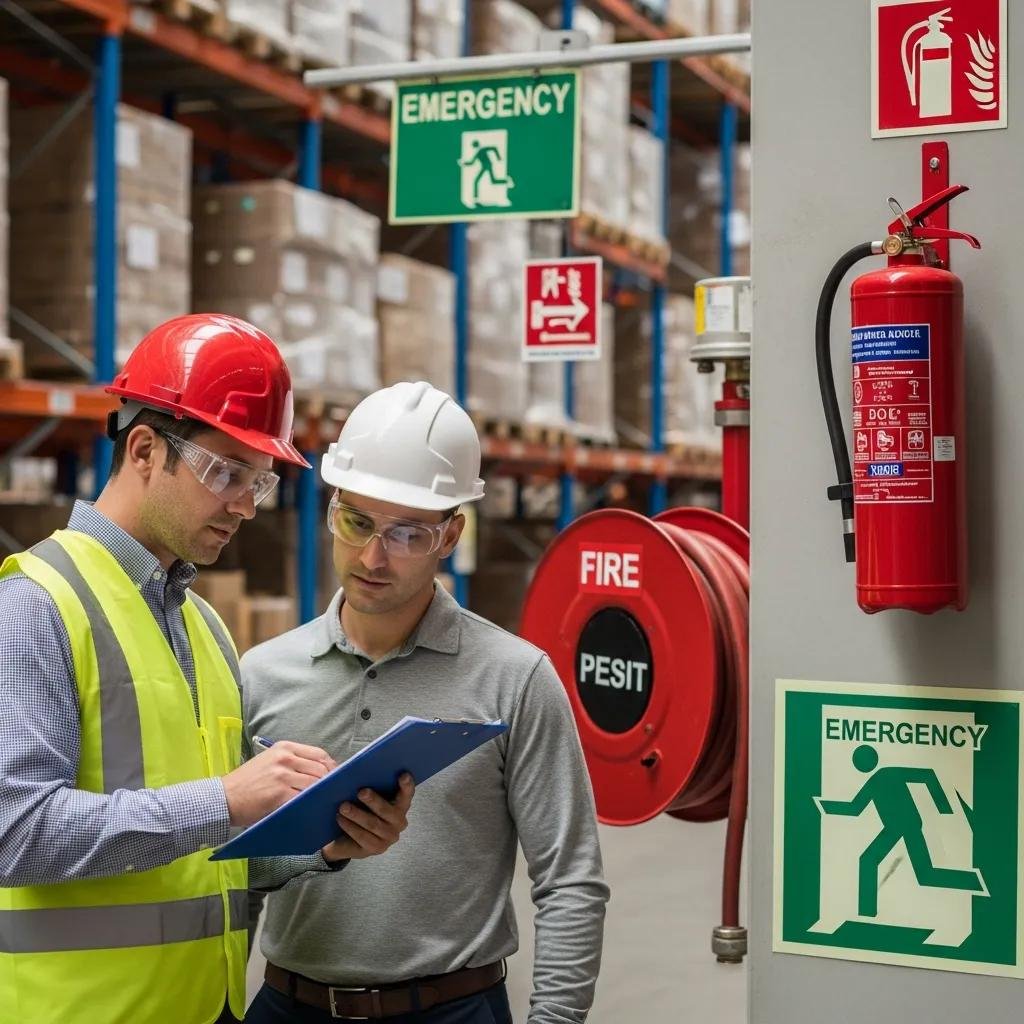 Warehouse compliance audit with inspector and manager reviewing fire safety documentation