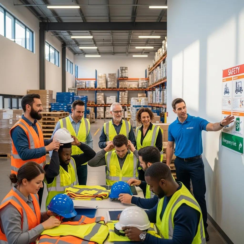 Warehouse employees engaged in a safety training session with safety equipment