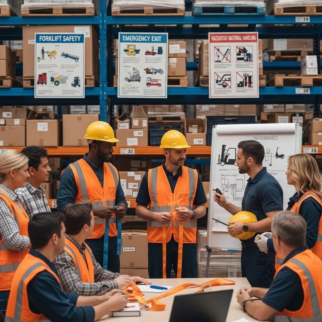 Warehouse employees engaged in safety training with safety equipment in a well-organized environment