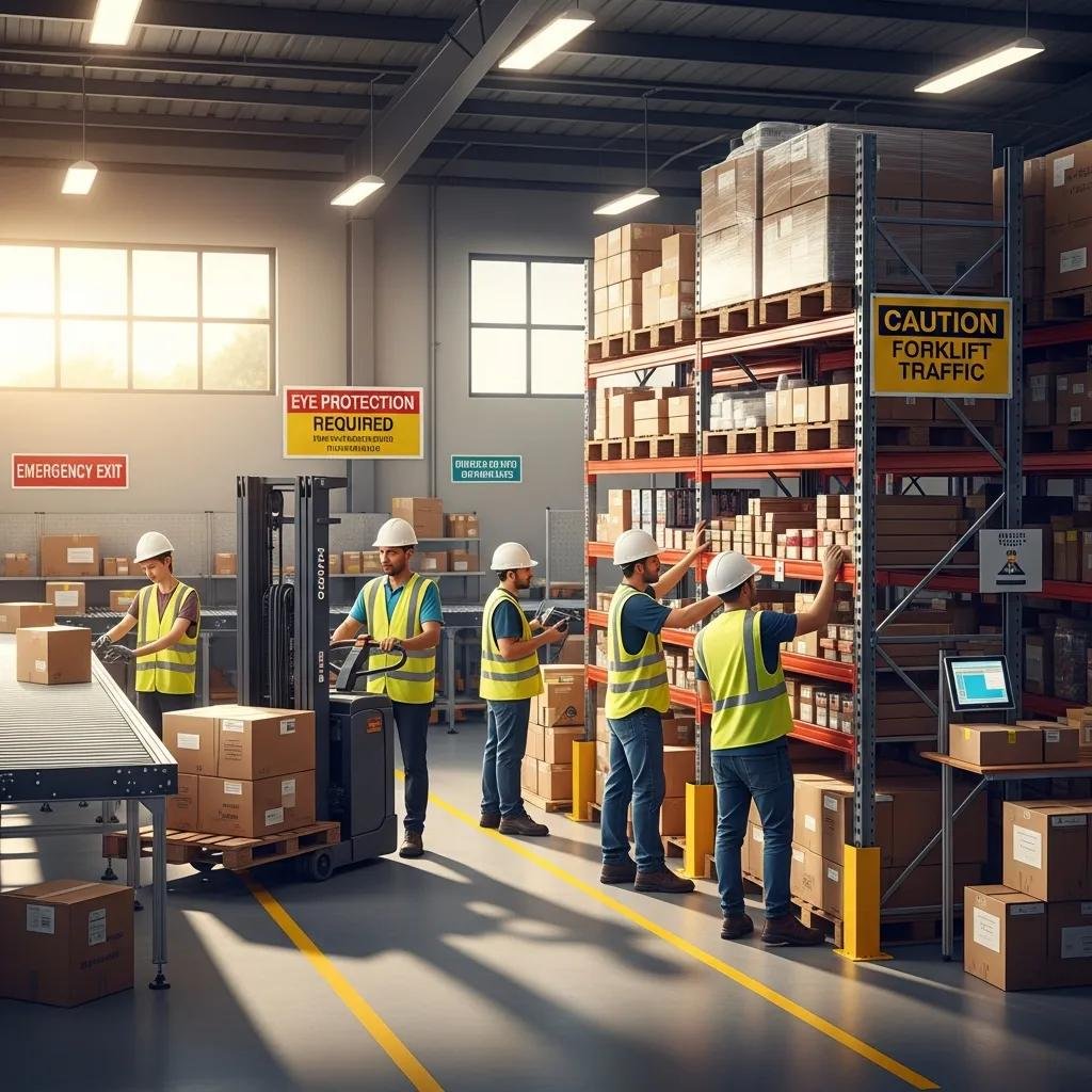 Warehouse employees in safety gear collaborating in a well-organized environment