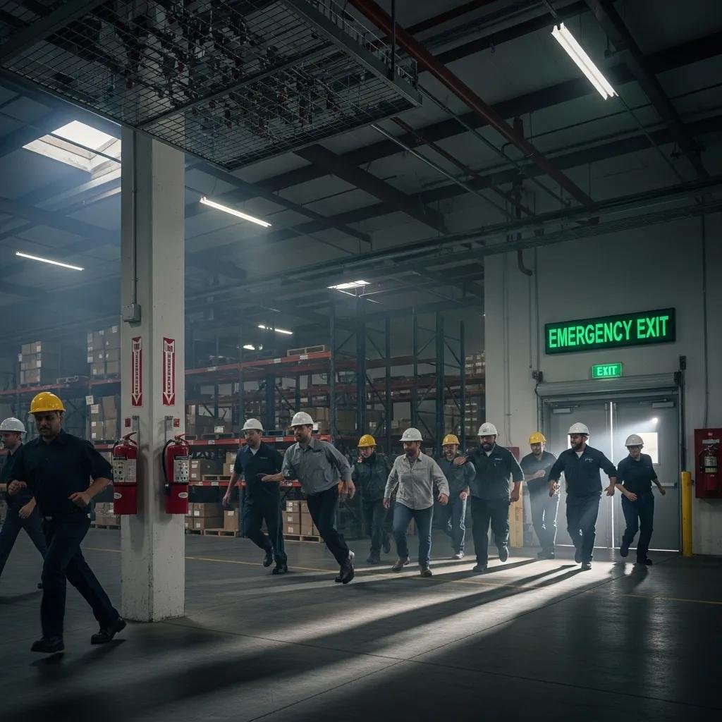 Warehouse employees participating in a fire safety drill, demonstrating emergency procedures