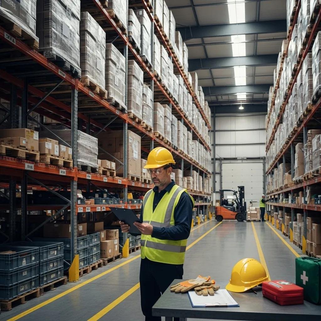 Warehouse environment with organized shelves and safety equipment, emphasizing audit compliance