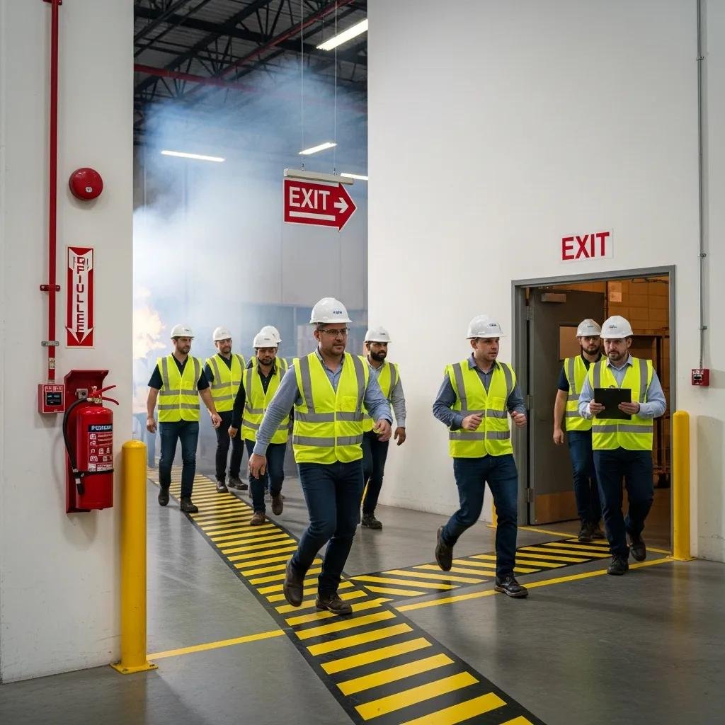 Warehouse fire safety drill with employees practicing evacuation procedures and visible safety equipment