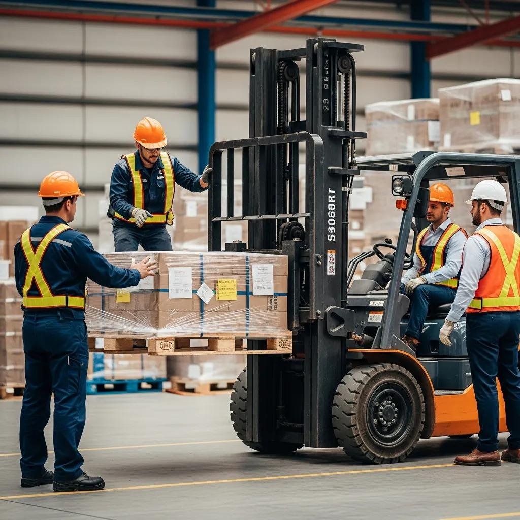 Warehouse forklift operation showcasing safety protocols and equipment in use