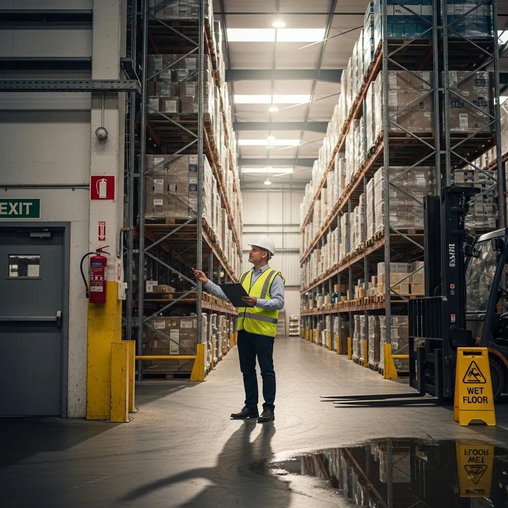 Warehouse inspection in progress with an inspector reviewing safety compliance