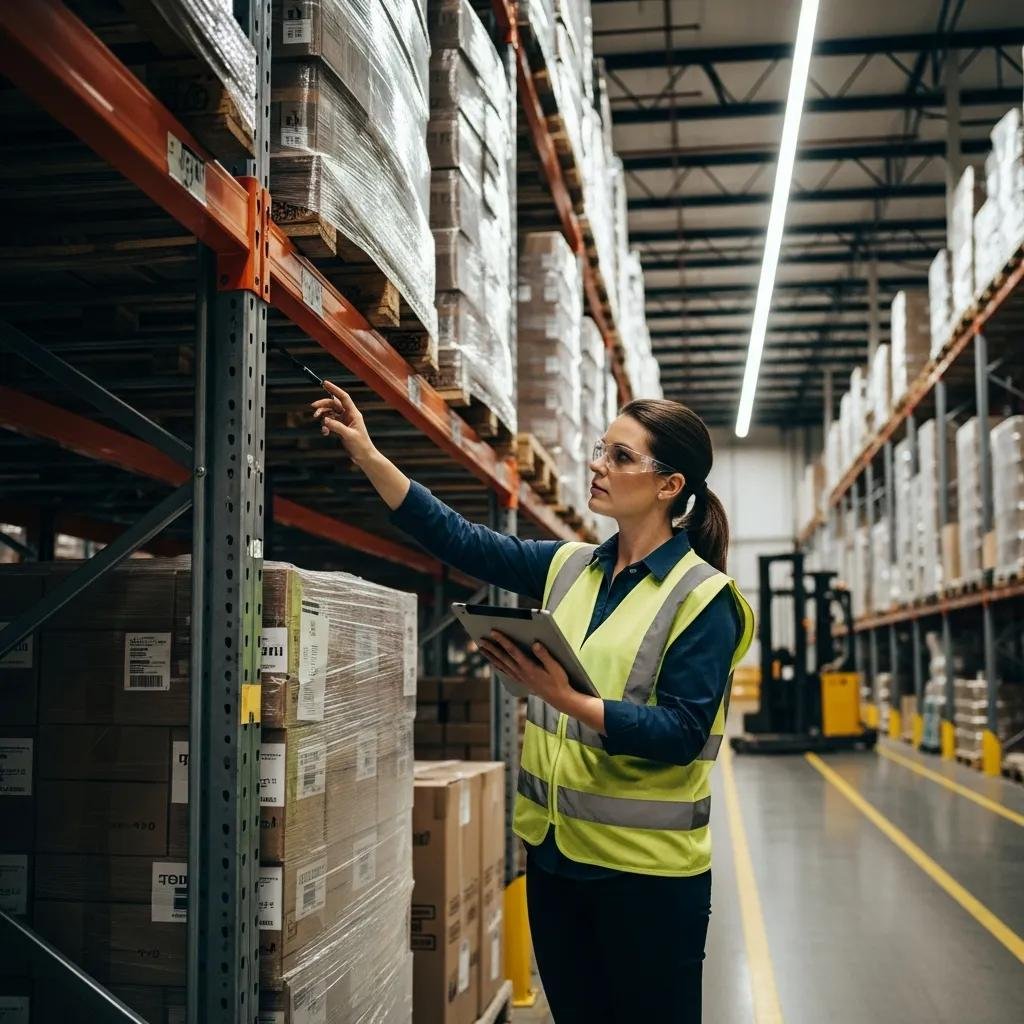 Warehouse inspector reviewing a checklist for rack safety compliance