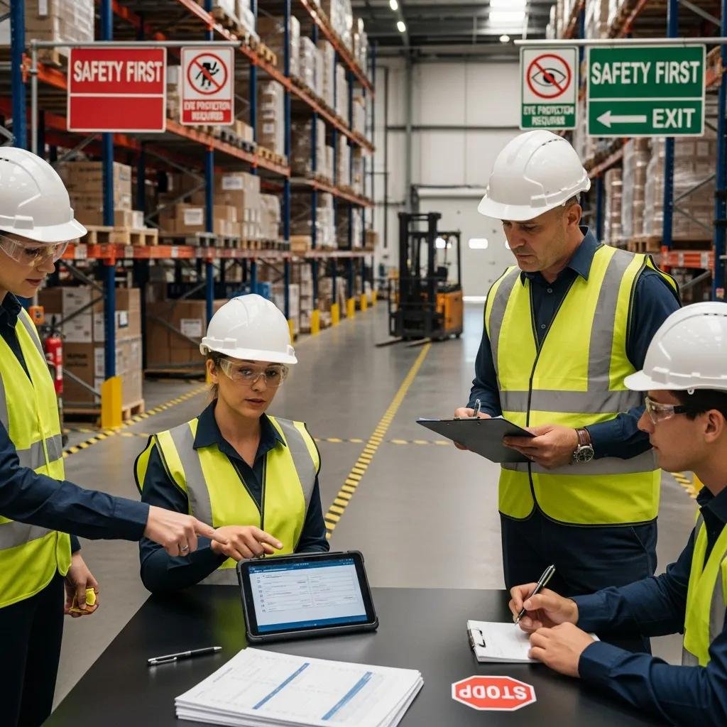 Warehouse inspectors discussing actionable recommendations after a safety audit