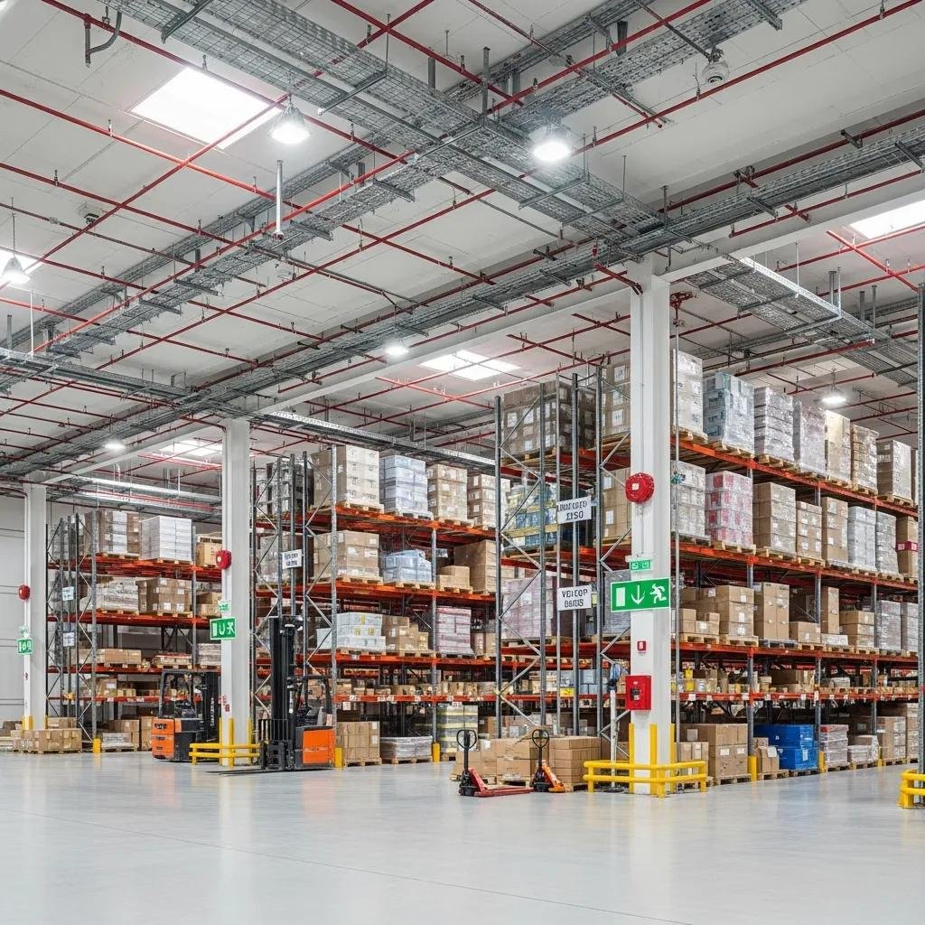 Warehouse interior showcasing fire safety equipment and organized storage systems