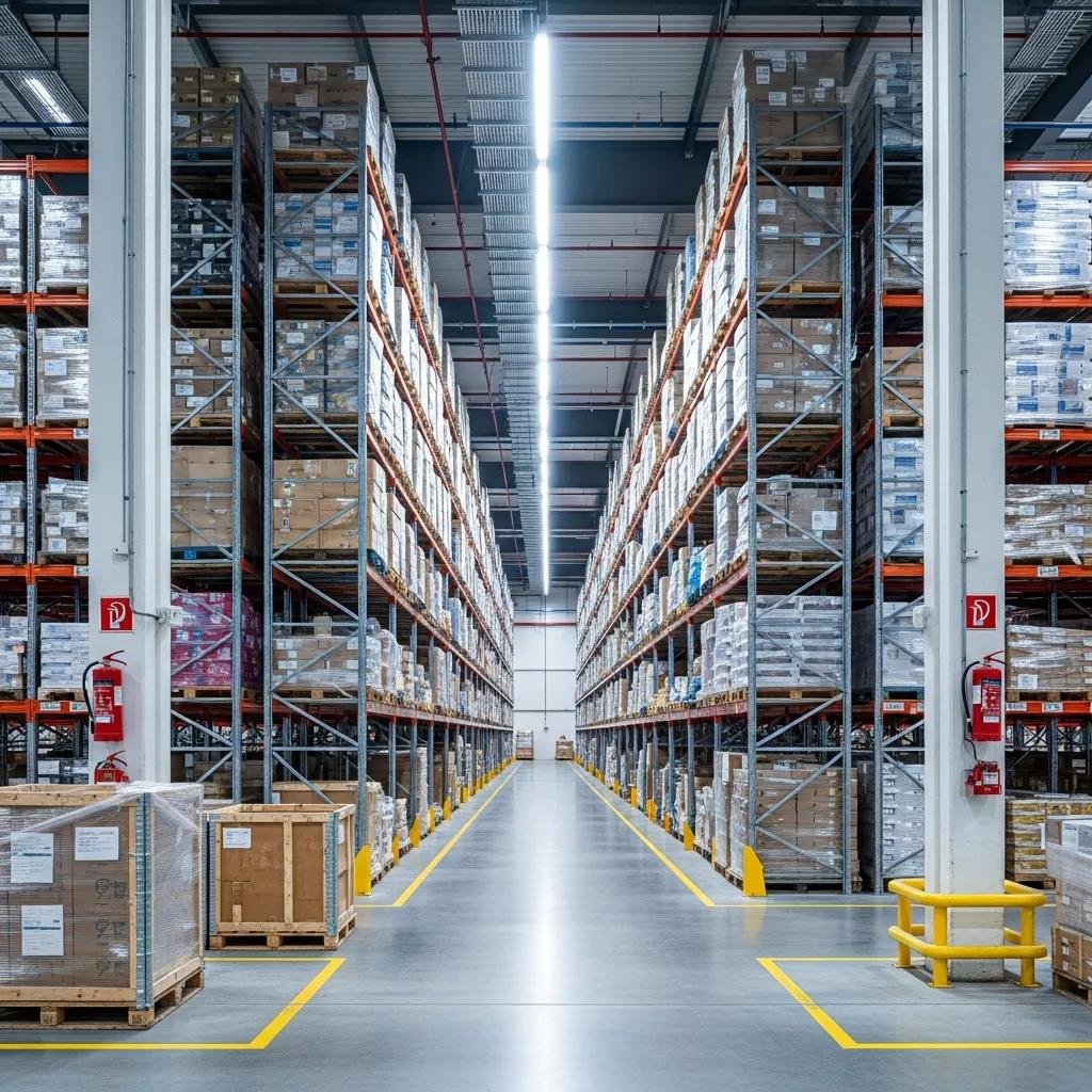 Warehouse interior with high pile storage and fire safety equipment