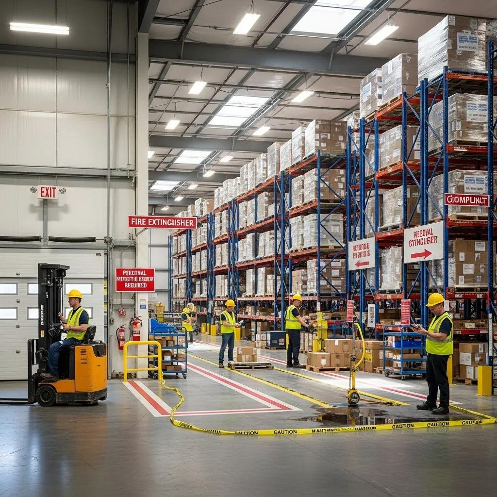 Warehouse interior with organized storage and safety compliance elements