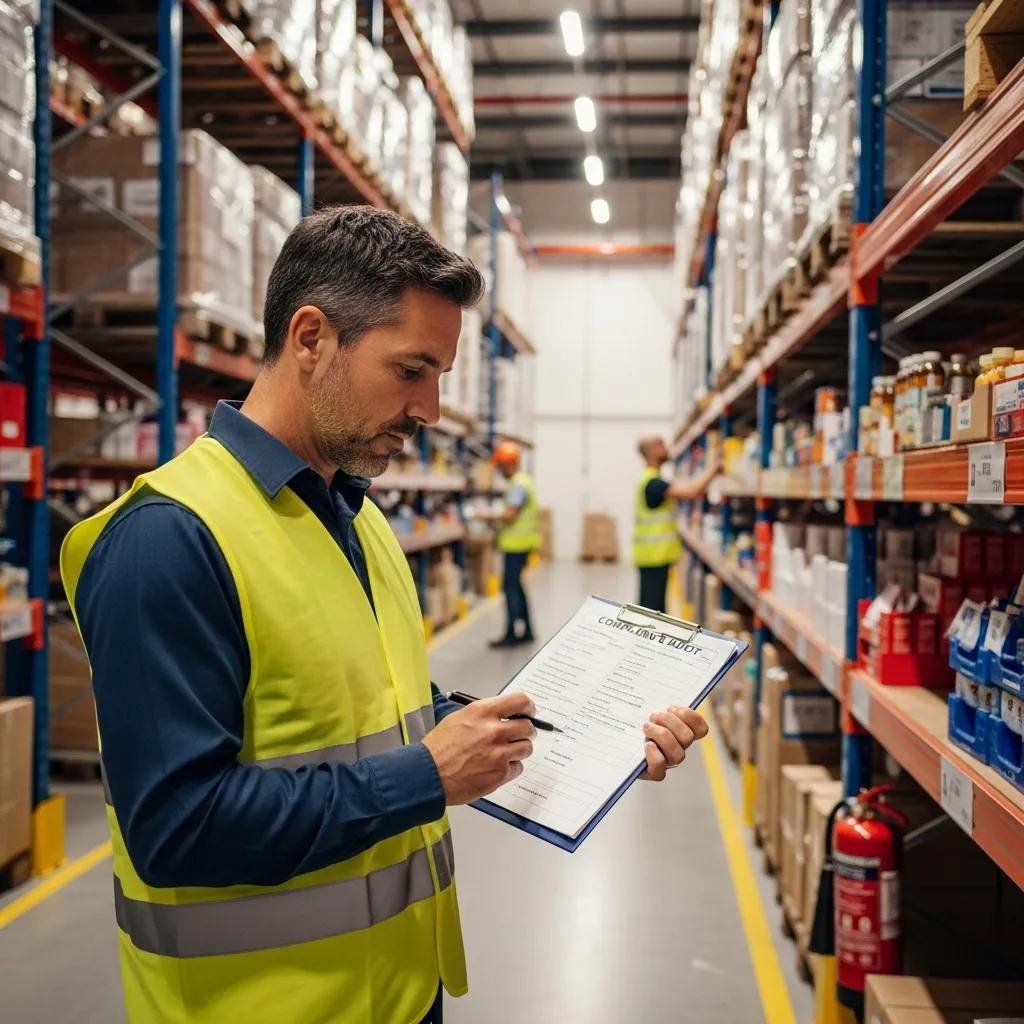 Warehouse manager conducting a compliance audit while inspecting safety protocols
