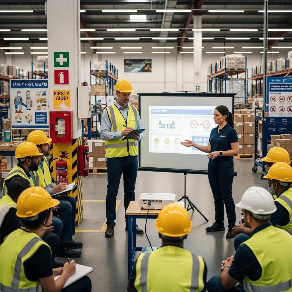 Warehouse manager conducting a safety audit with employees in training