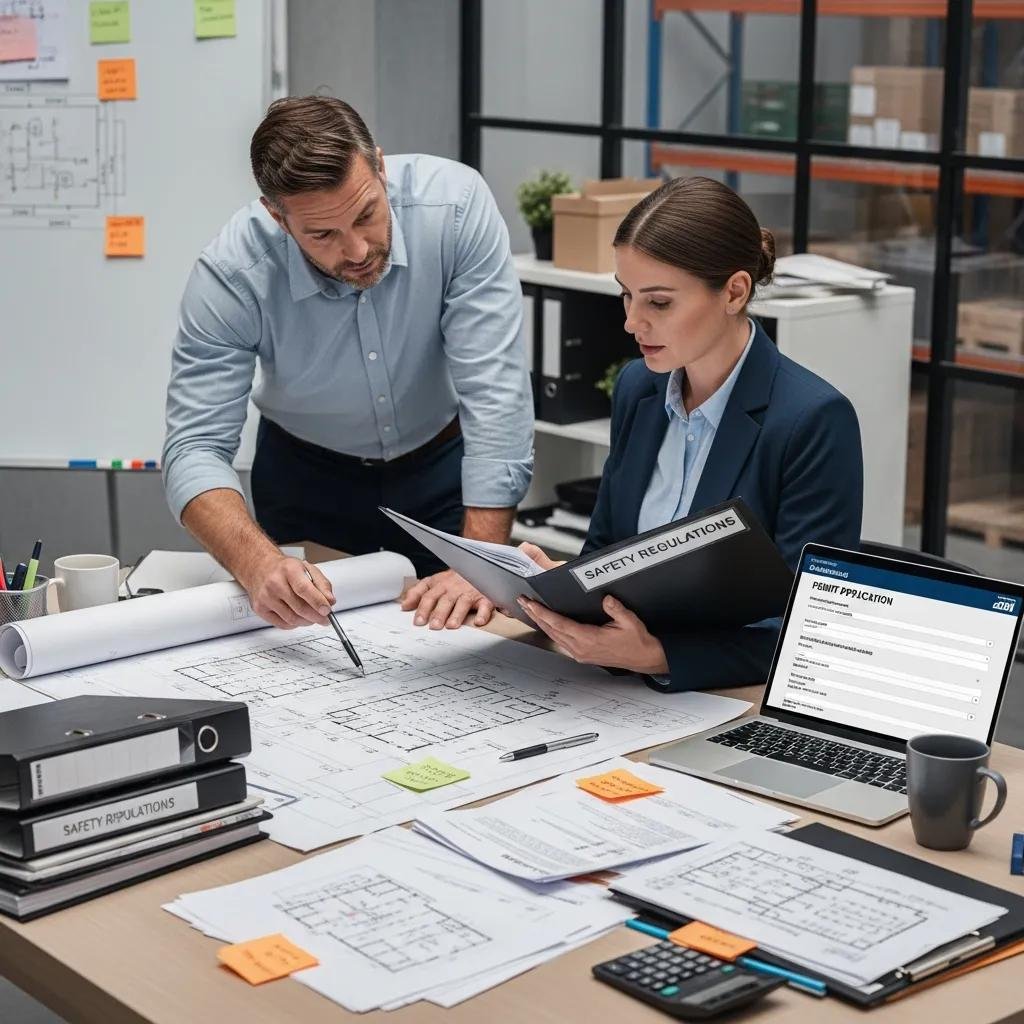 Warehouse manager consulting with compliance expert on permit application steps