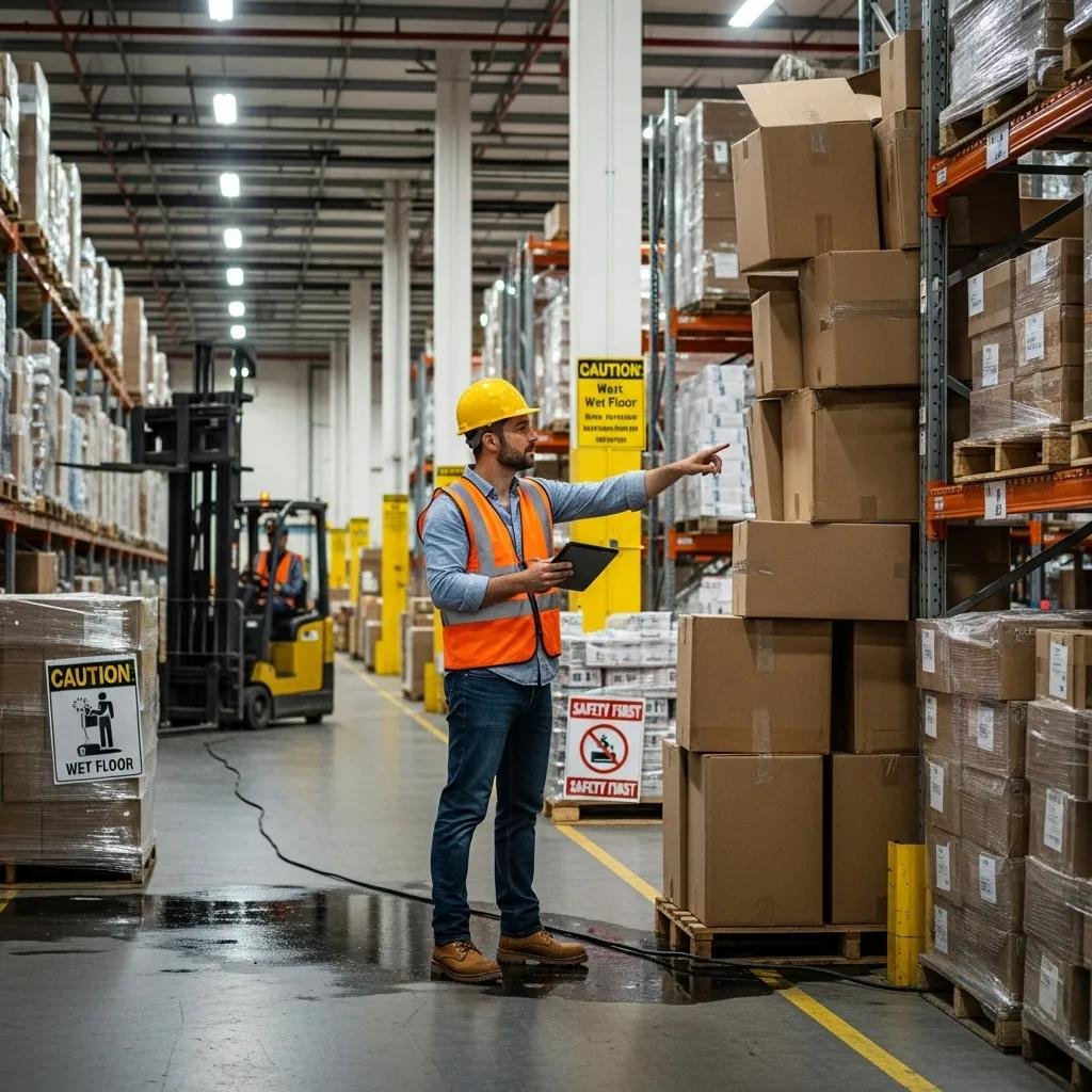 Warehouse manager inspecting safety protocols and identifying hazards during an audit
