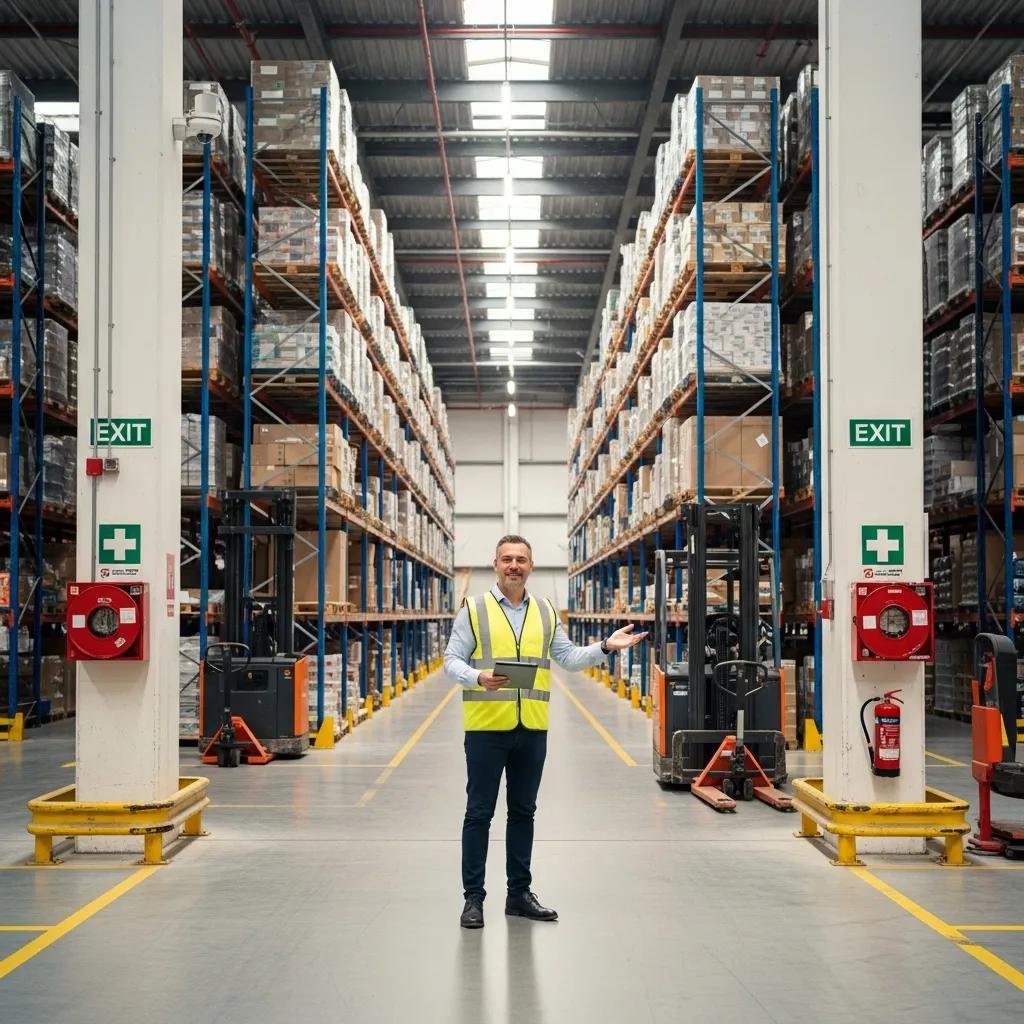 Warehouse manager inspecting safety protocols in a well-organized warehouse