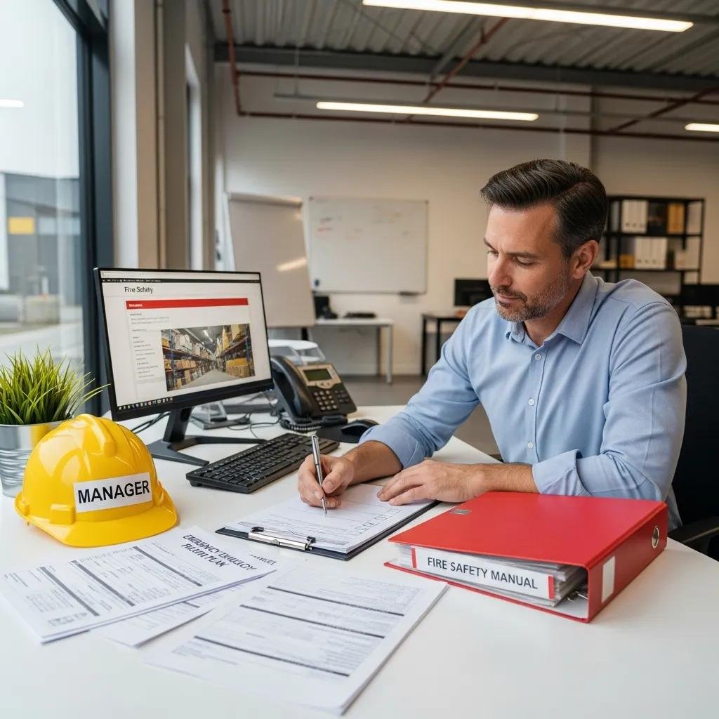 Warehouse manager preparing fire safety documentation for inspection