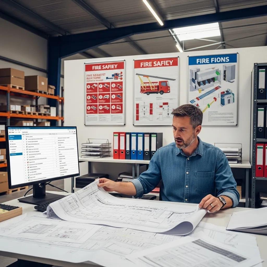 Warehouse manager preparing for fire review with documents and checklist