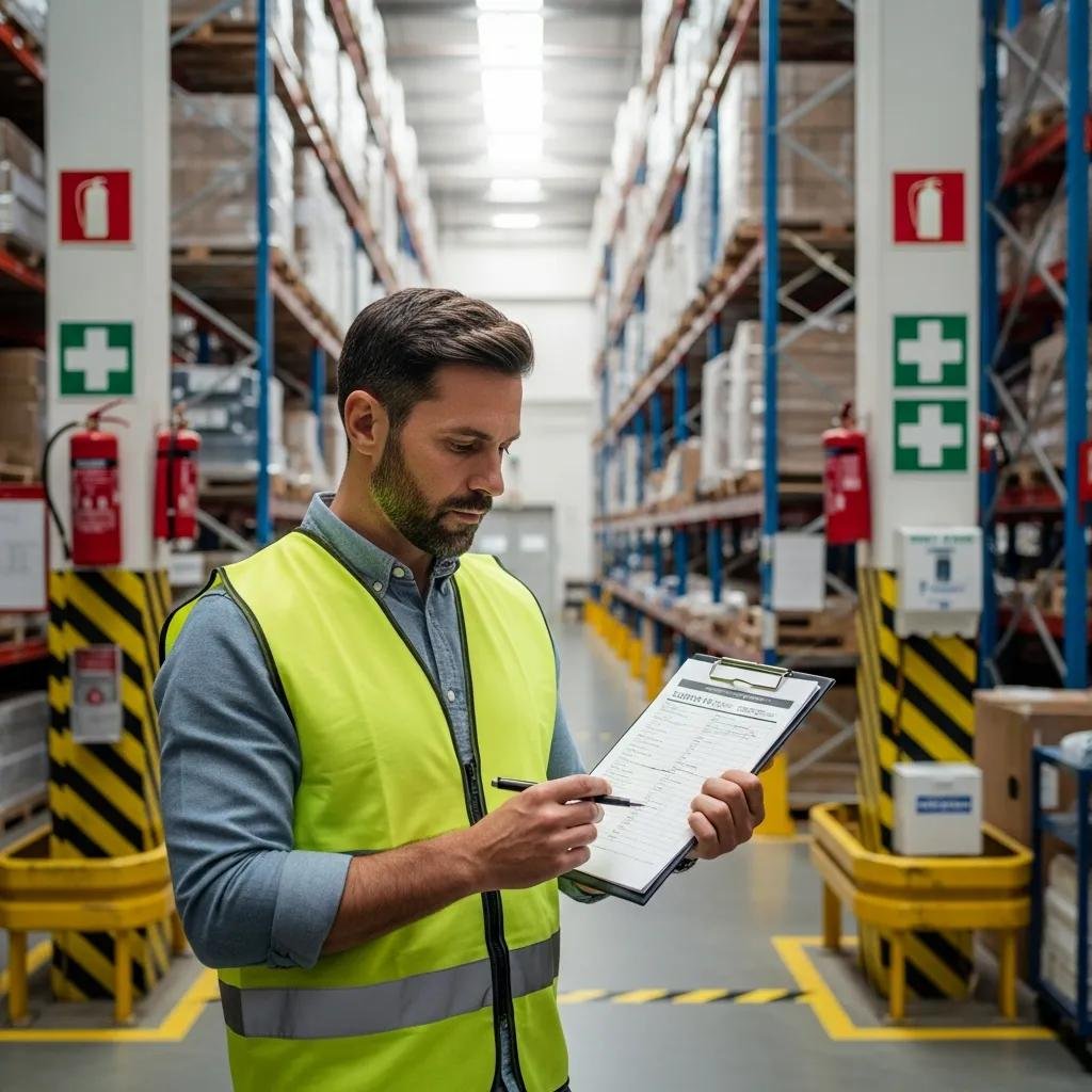 Warehouse manager reviewing a safety checklist in a warehouse environment