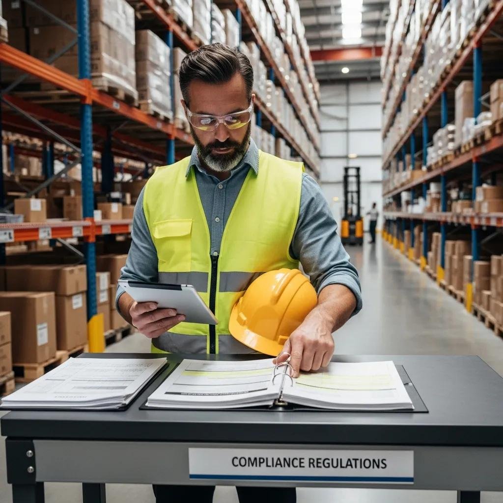 Warehouse manager reviewing safety regulations in front of pallet racking system
