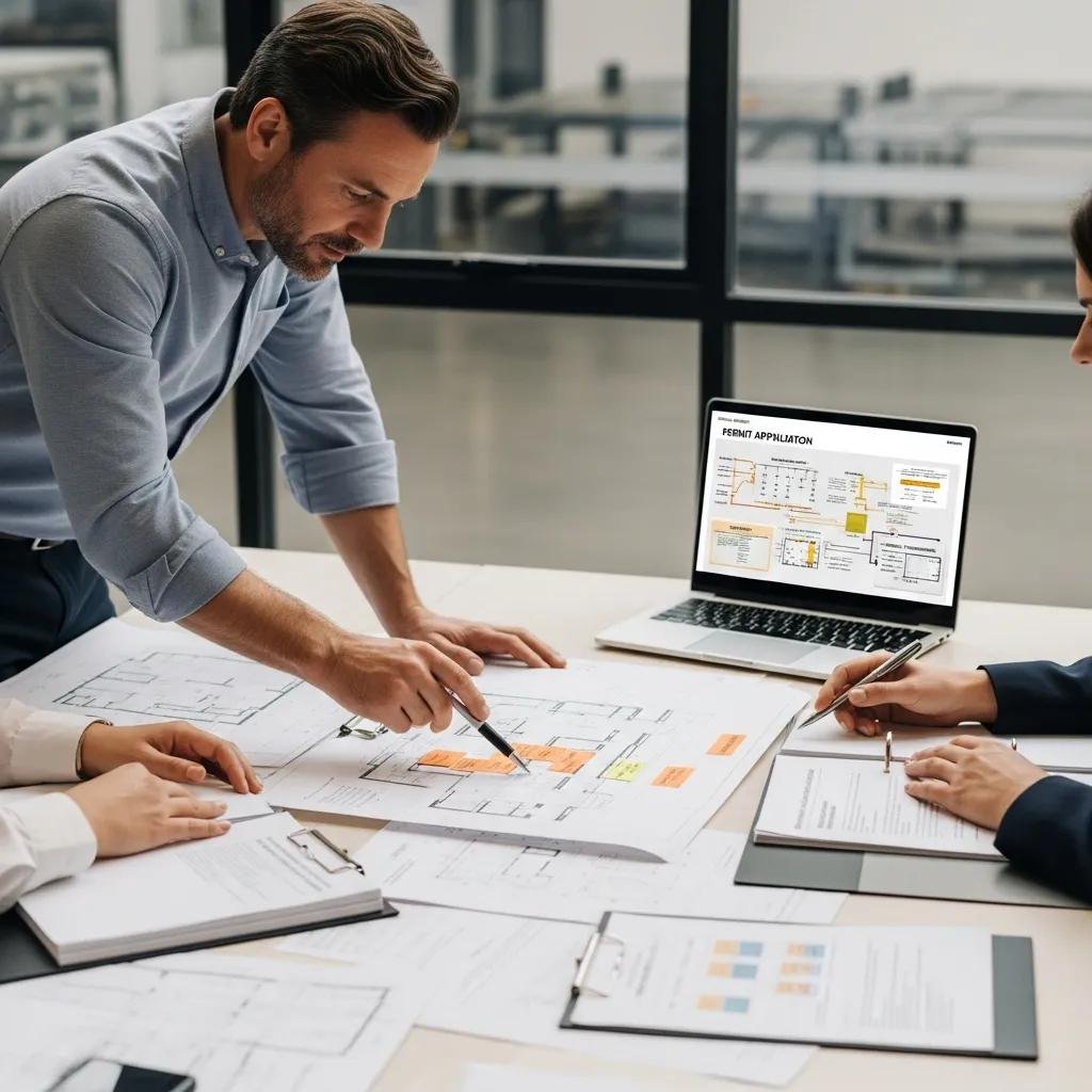 Warehouse owner and expert consultant reviewing documents for permit approval