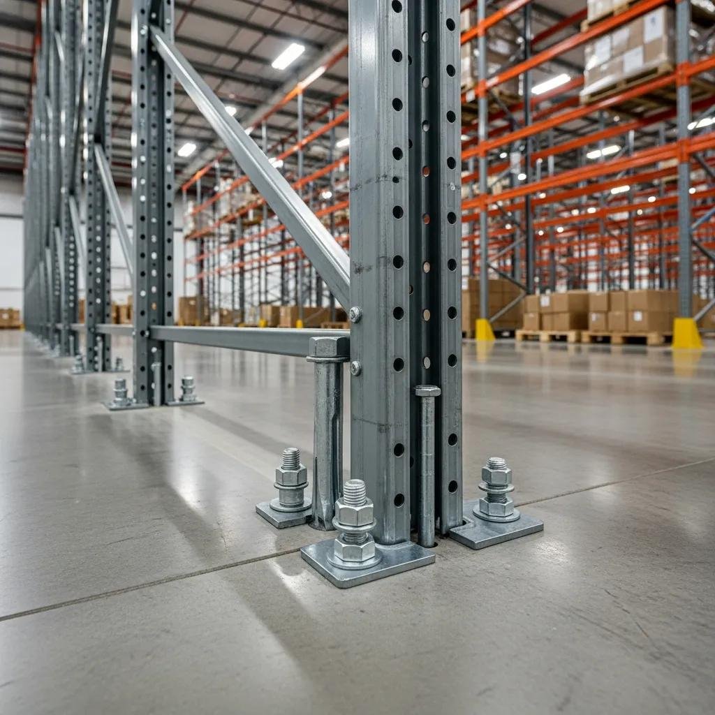 Warehouse pallet racking systems with secure anchor bolts illustrating safety and stability