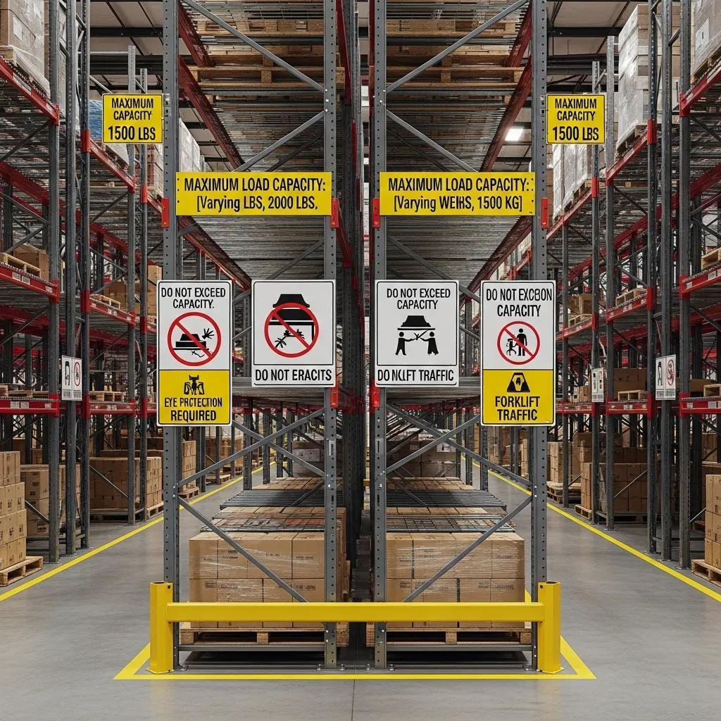 Warehouse racks displaying various rack capacity labels emphasizing safety compliance