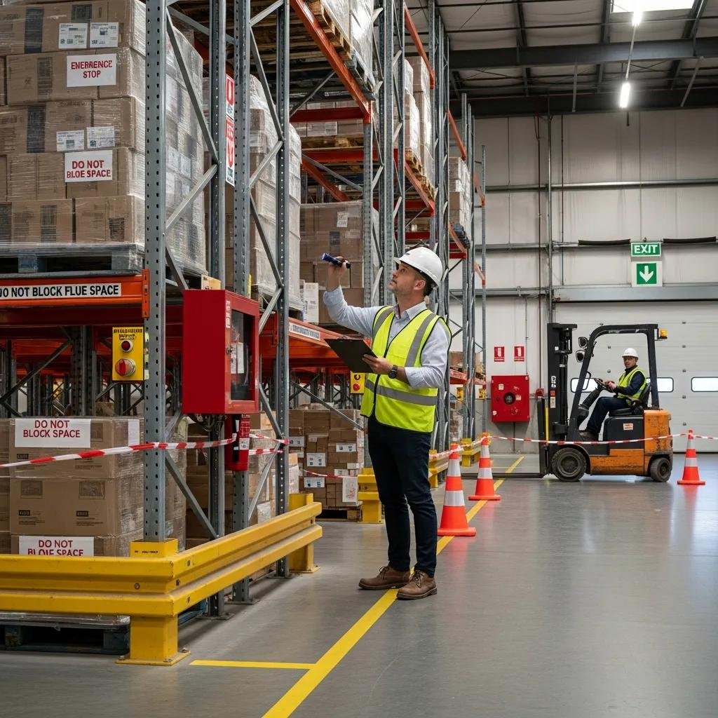 Warehouse safety audit focusing on pallet racking systems and flue space compliance