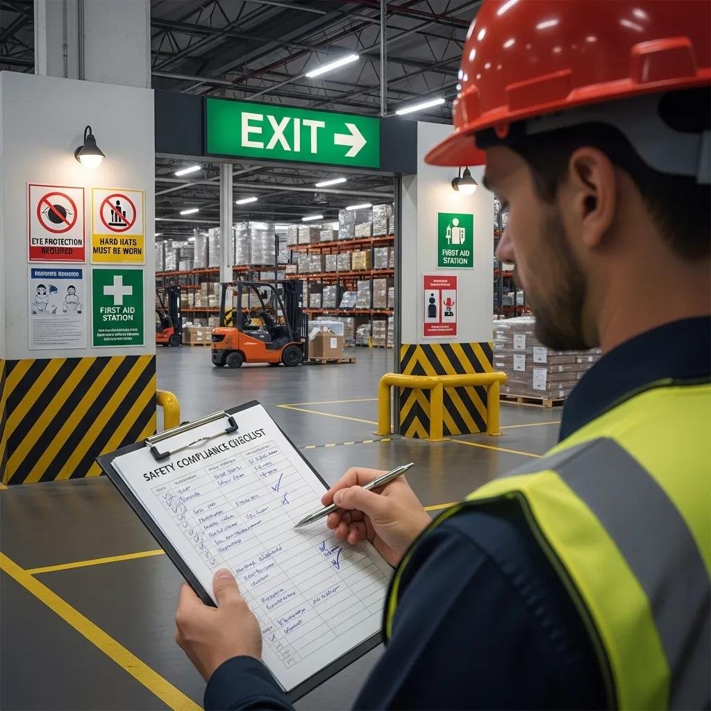 Warehouse safety compliance checklist being reviewed by a safety officer