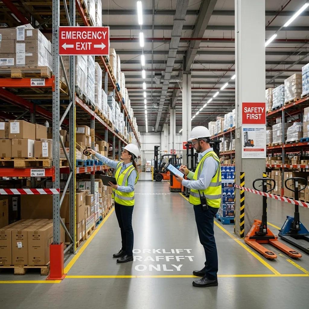 Warehouse safety inspection focusing on aisle width compliance and safety standards