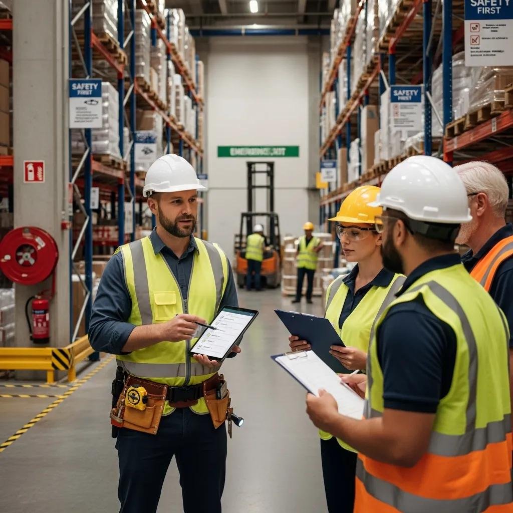Warehouse safety inspection in progress with inspector and employees
