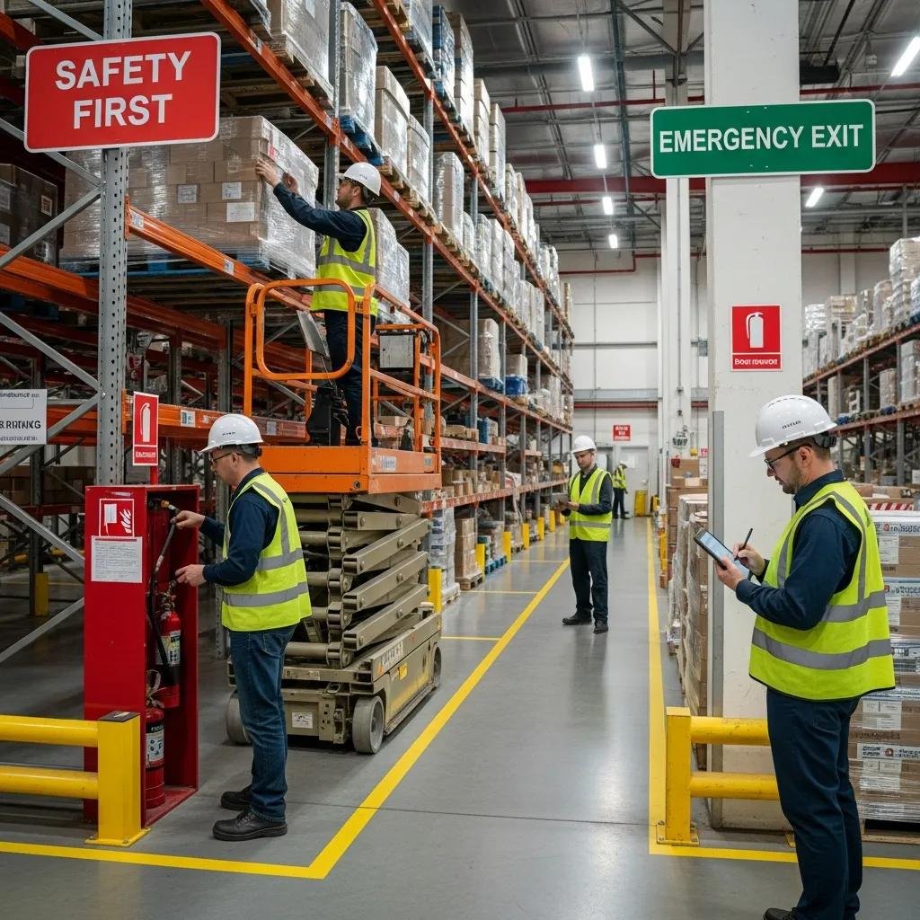 Warehouse safety inspection showcasing compliance with safety standards