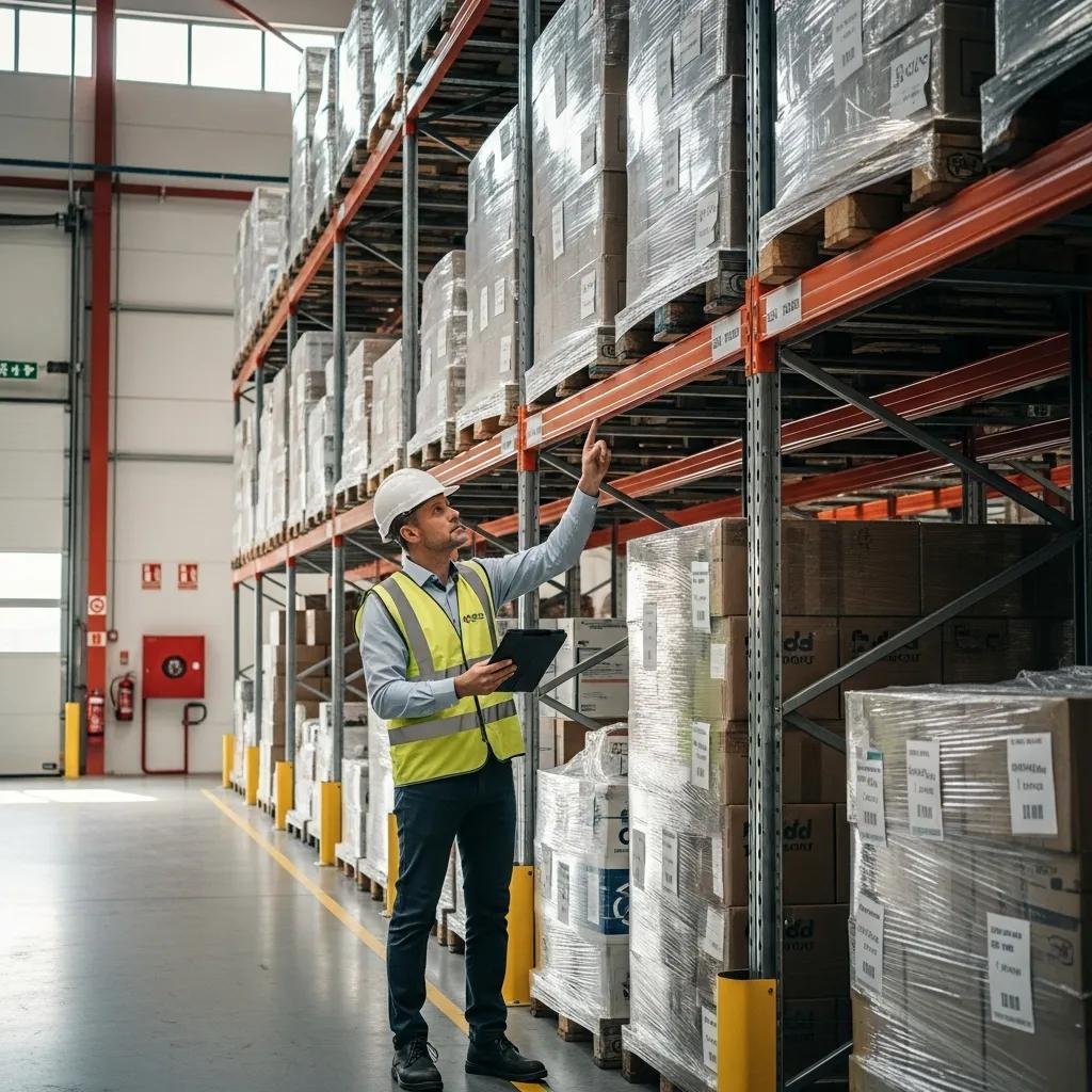 Warehouse safety inspection with an inspector evaluating racking systems and safety equipment