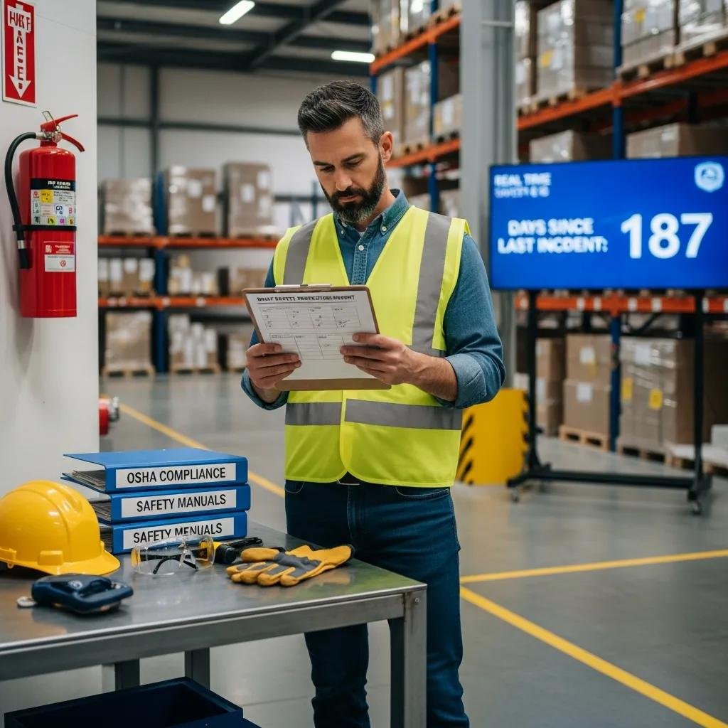 Warehouse safety officer reviewing inspection reports and safety certificates