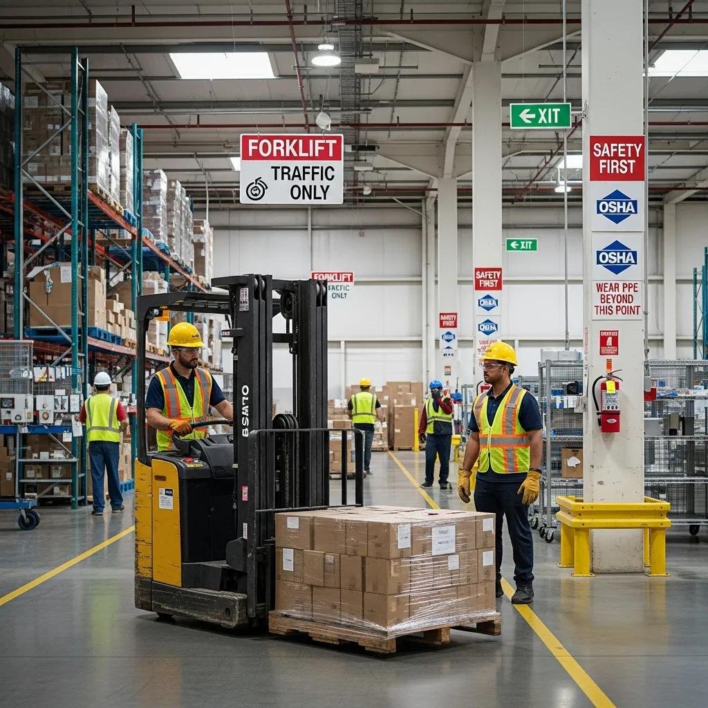 Warehouse safety scene with employees in PPE following OSHA guidelines