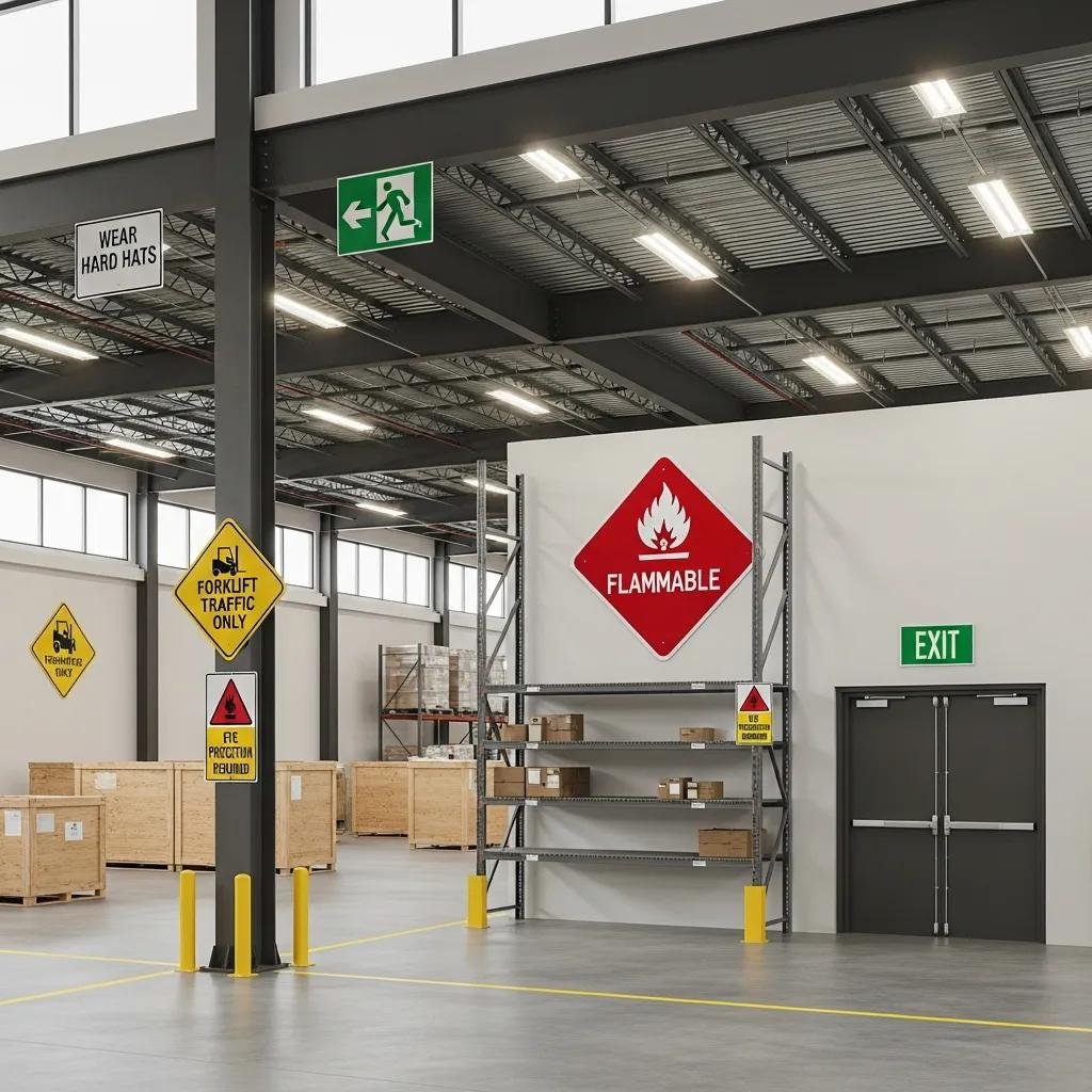 Warehouse safety signs including hazardous material, emergency exit, and forklift operation signs in a well-lit warehouse environment