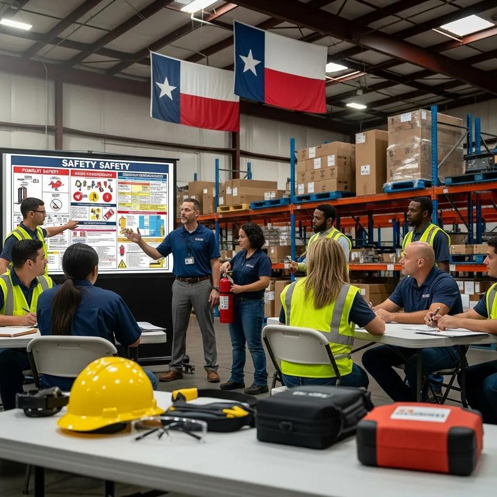 Warehouse safety training session in Texas with diverse employees learning protocols