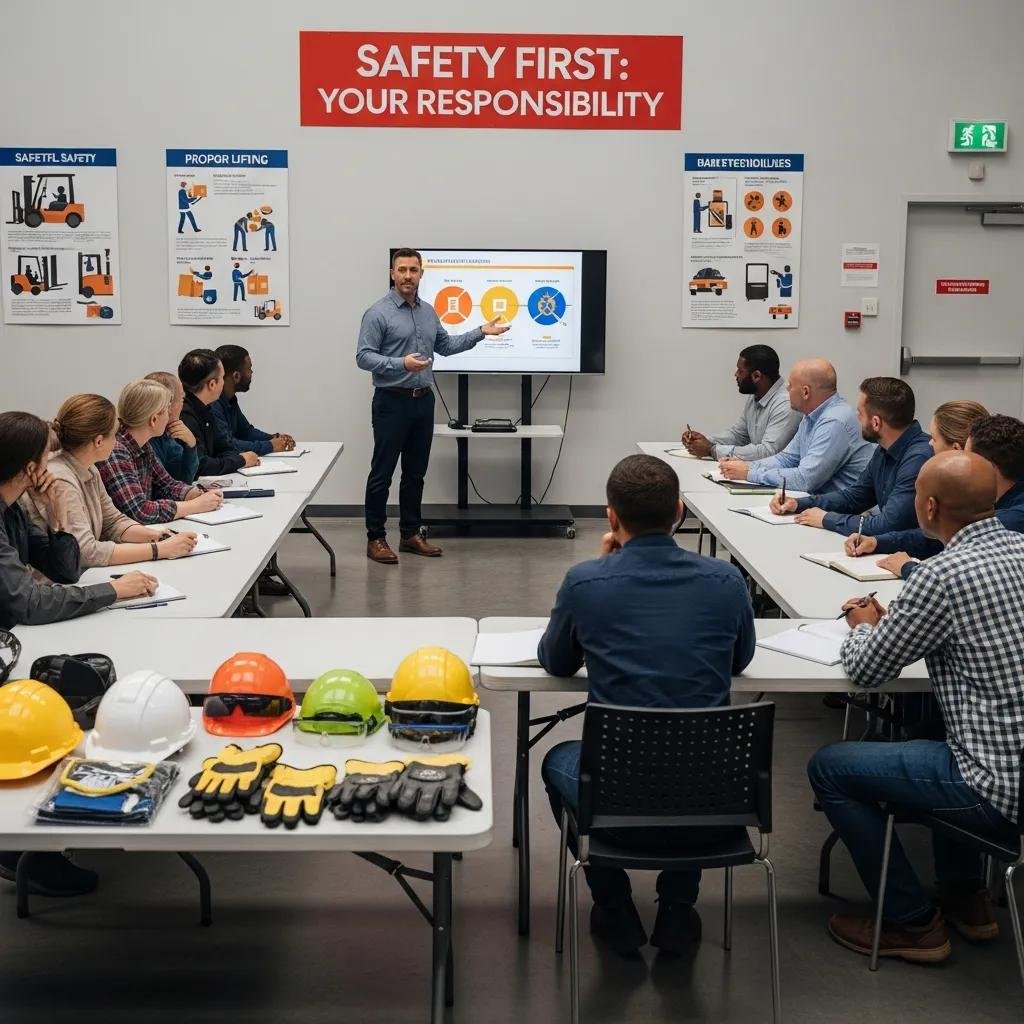 Warehouse safety training session with employees learning about OSHA standards