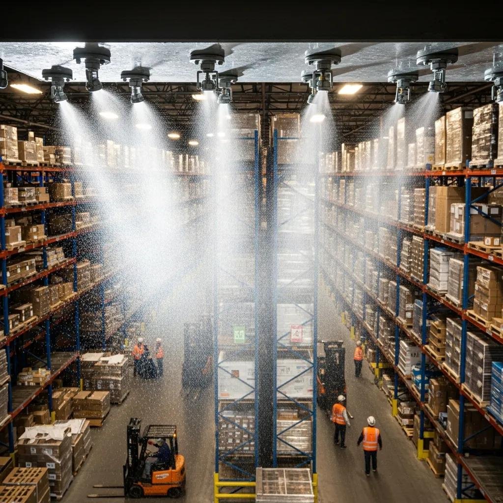 Warehouse sprinkler system installation with visible water mist and storage racks