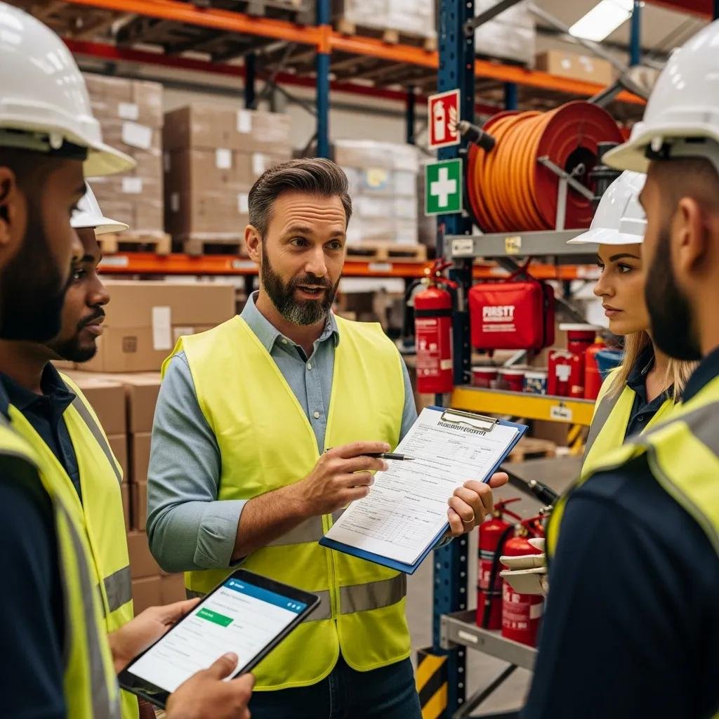 Warehouse supervisor explaining incident reporting procedures to employees