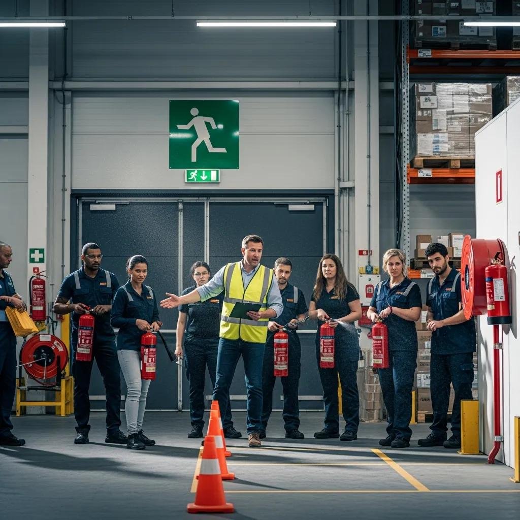 Warehouse supervisor leading a fire safety drill with employees